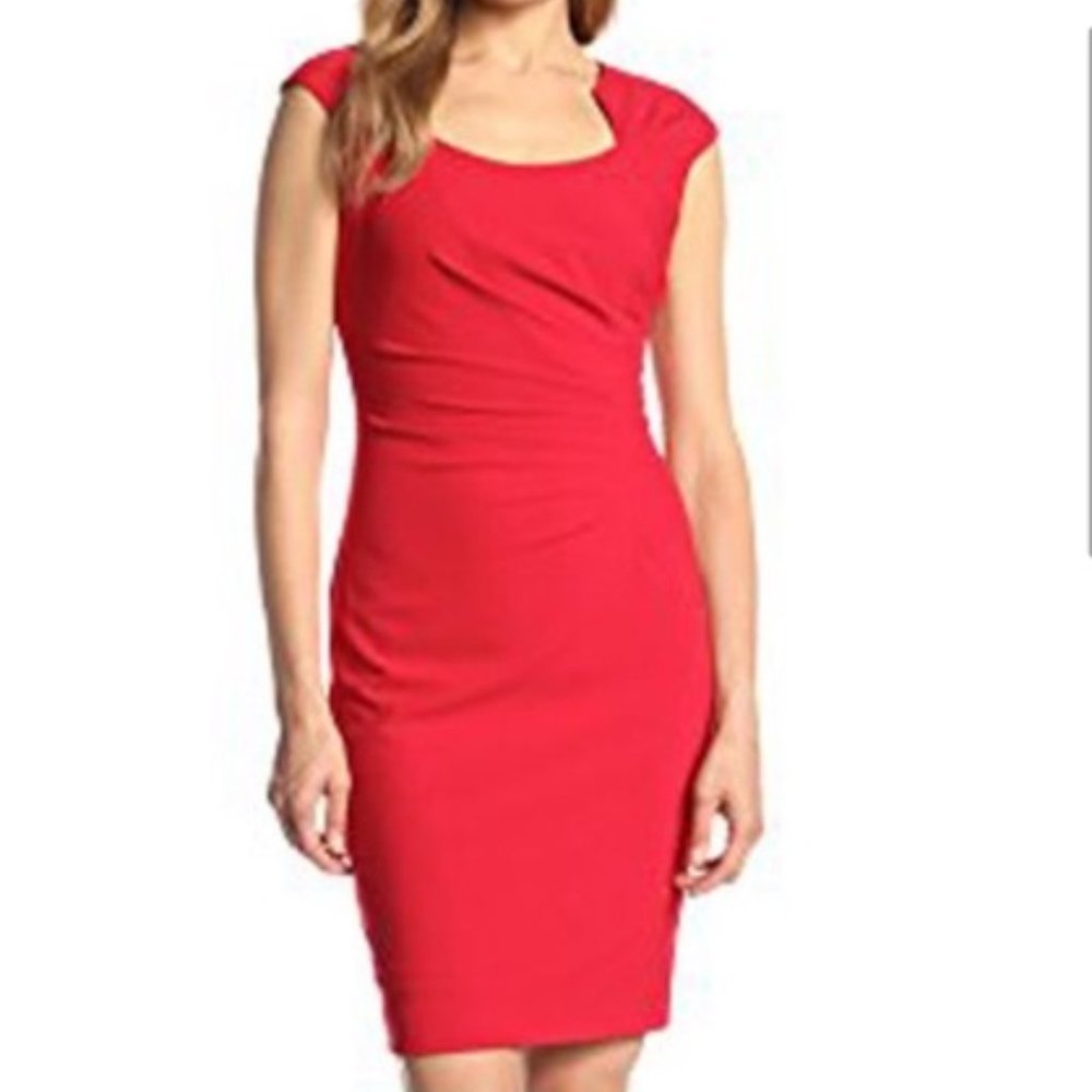 Calvin Klein Red Fitted Dress Side Ruch Cap Sleeve